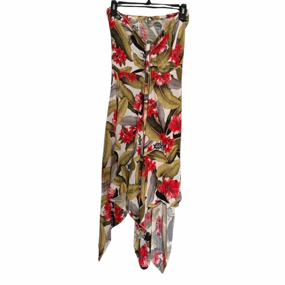 Hawaiian-style halter dress with a tropical floral and turtle print PTP 12”